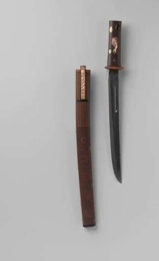 Sword with wooden handle decorated with fish and shells; wooden scabbard decorated with carving; kozuka