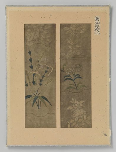 Two textile fragments on a sheet, embroidery and print on silk