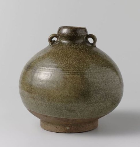 Ovoid jar with incised lines and a green glaze