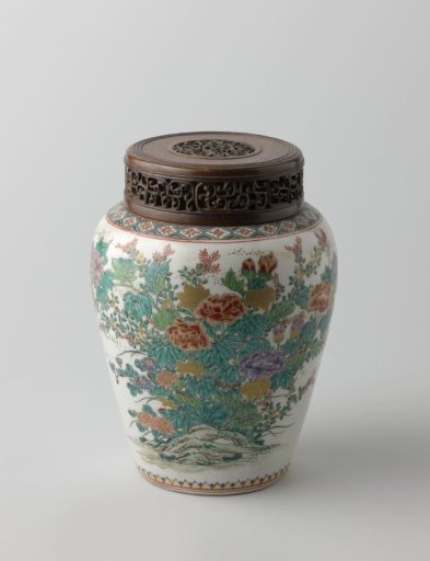 Jar with wooden cover and two large flower groups
