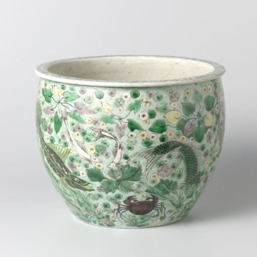 Flowerpot decorated with fish and plants