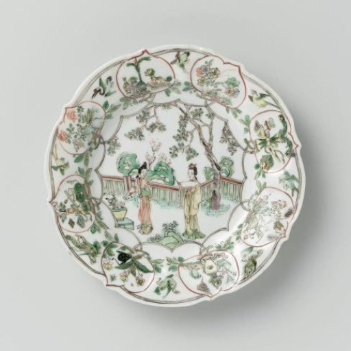 Plate with two women in a fenced garden, antiquities and flower sprays