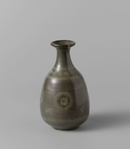Bottle vase with stylized flowers in medallions, birds and ornamental borders