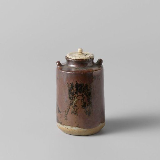 Tea caddy with a brown black glaze and two handles