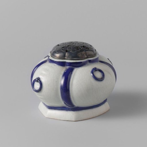Charcoal burner with lobed sides, moulded rings and a metal cover
