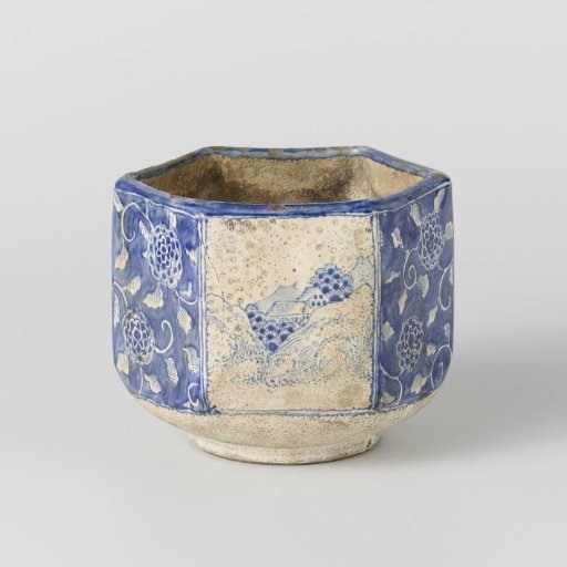 Hexagonal charcoal burner with water landscapes and floral scrolls