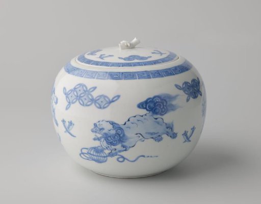 Round covered jar with shishi and auspicious symbols