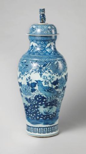 Baluster covered jar with pheasants on a rock near flowering plants and landscapes in panels