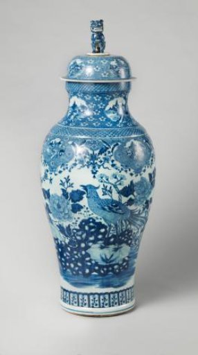 Baluster covered jar with pheasants on a rock near flowering plants and landscapes in panels