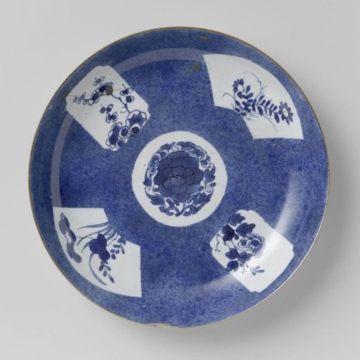 Saucer-dish with powder blue and panels in reserve with flower sprays
