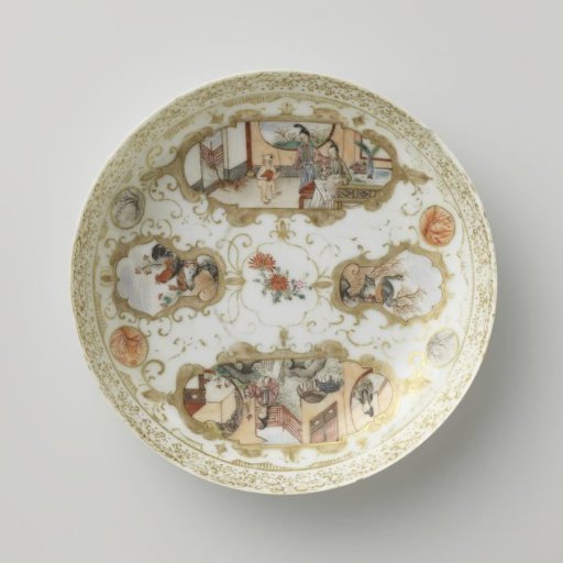 Bell-shaped cup with women, birds and landscapes in panels amid scrolls