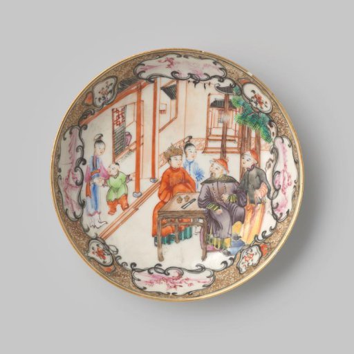Saucer with scenes and landscapes in panels on a ground of scrolls