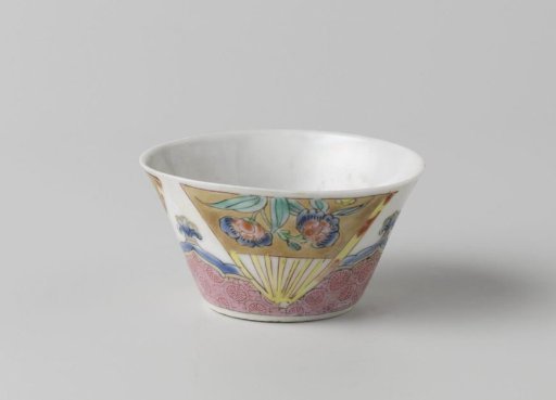 Straight-sided cup with cock and three fans with flower sprays