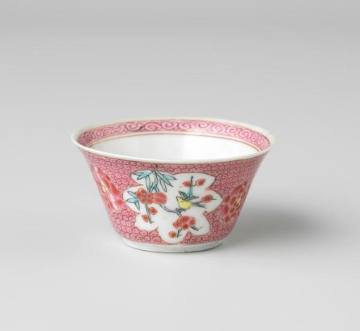 Cup with a woman and boy in a landscape and flower sprays on diaper-pattern