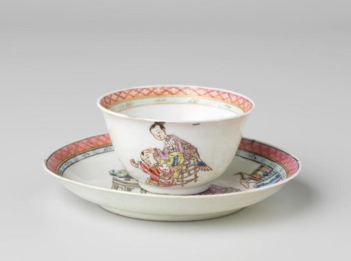 Bell-shaped cup and saucer with a woman, boy and rabbit