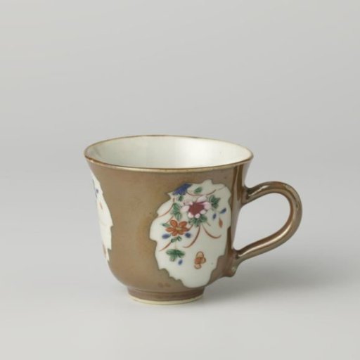 Chocolate cup with flower sprays in panels on a brown glaze