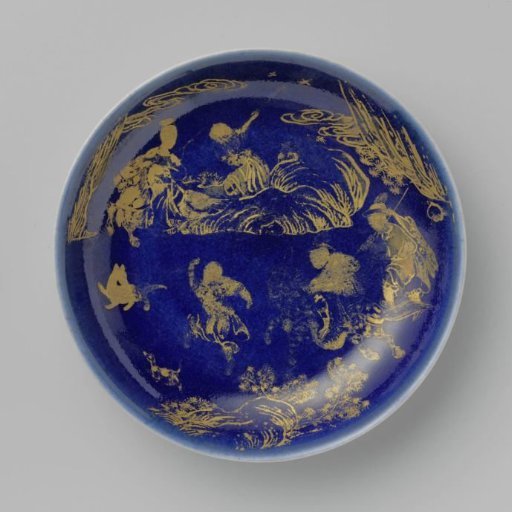 Saucer with powder blue, figures, rocks and trees