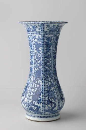 Octagonal, pearshaped beakervase with narrow panels with flowering plants