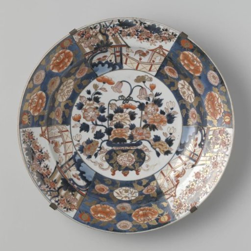 Dish with a flower basket, landscape and floral scrolls