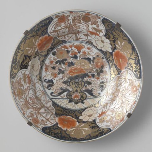 Dish with a flower vase, flowering plants and floral scrolls