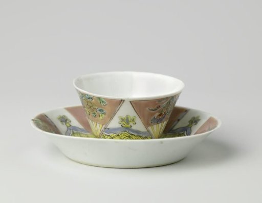 Cup and saucer with cock and three fans with flower sprays