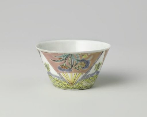 Cup with cock and three fans with flower sprays