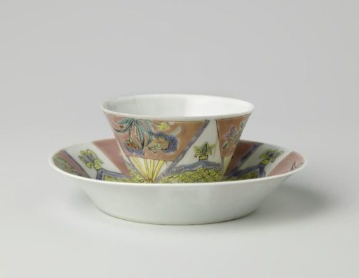 Cup and saucer with cock and three fans with flower sprays