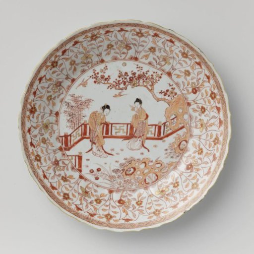 Saucer-dish with Two Women Beneath a Prunus in a Fenced Garden