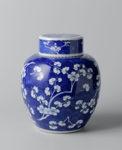 Ovoid covered jar with peach blossom on 'crackled ice'