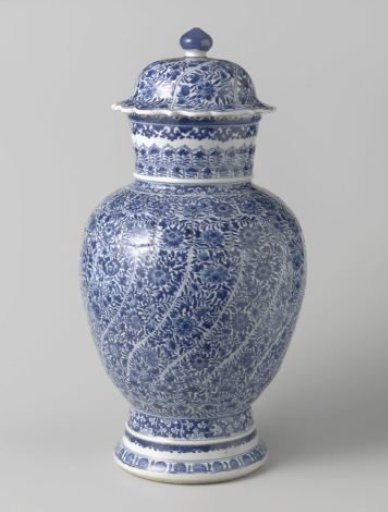 Ovoid jar and domed cover with spiralling bands of flower sprays