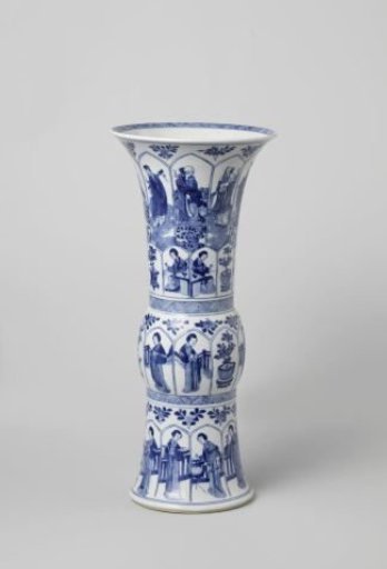 Gu-shaped beakervase with the Eight Immortals, women and flower pots in panels