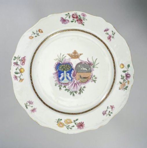 Plate with a crowned coat of arms and flower sprays