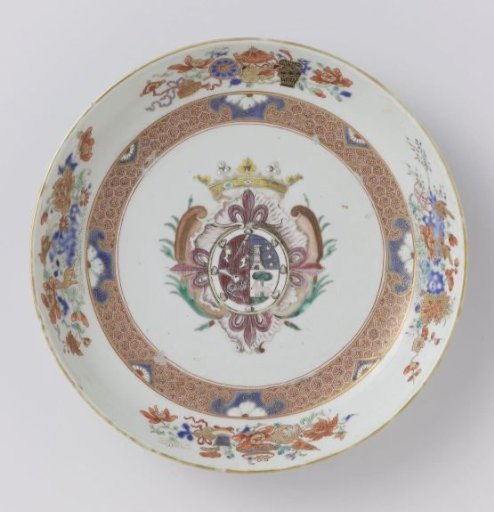 Saucer-dish with a crowned coat of arms and flowers with precious objects