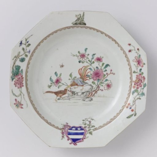 Octagonal soupplate with pheasants near a rock and the arms of the Venables family