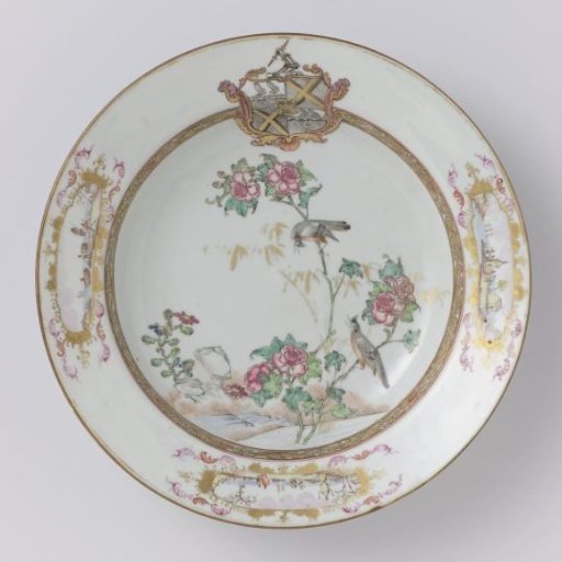Soup plate with two birds and flowering plants near a rock and the arms of the Thompson family