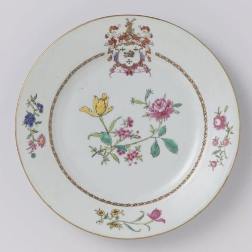 Plate with the arms of admiral John Amyas of Hingham, Norfolk and scattered flowers