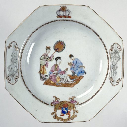 Octagonal soupplate with a seated woman with two servants and on the side the arms of the Powell family