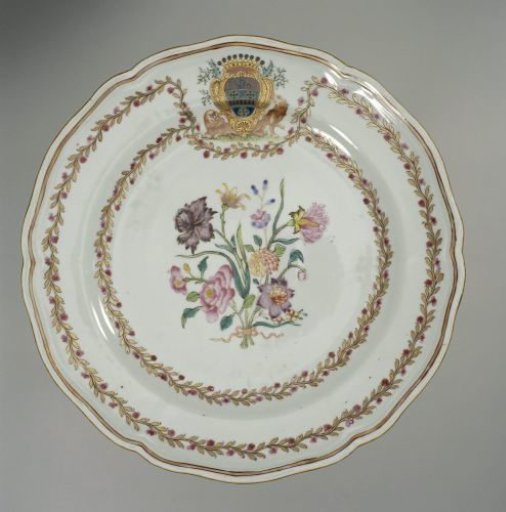 Plate with a bouquet of flowers and a crowned coat of arms