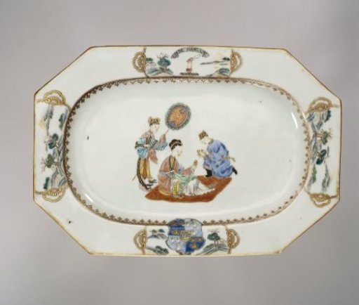 Rectangular, octagonal dish with the arms of the families Gordon and Forbes