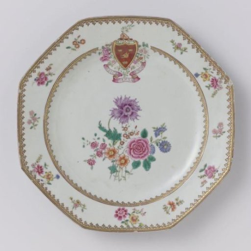 Octagonal plate with flowering plants and the arms of the Grant family