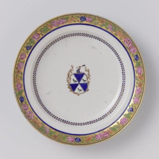Plate with the arms of the Stocker or Tatham family and floral scrolls