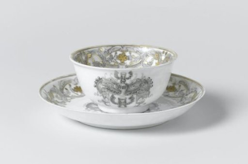 Bell-shaped cup and saucer with the arms of the De Marre family