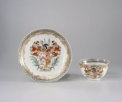 Bell-shaped cup and saucer with the arms of the Yaldwin and Soame family