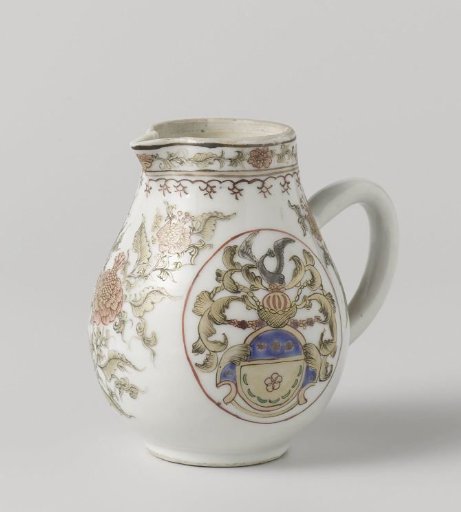 Pear-shaped milk jug with a coat of arms and flower scrolls