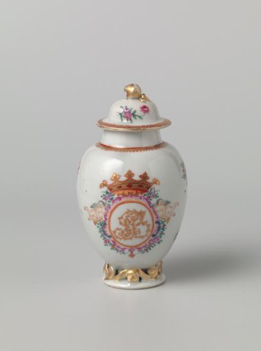 Ovoid tea caddy with the monogram SIB and flower sprays