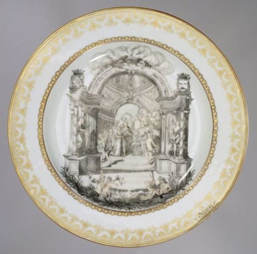 Plate with an allegorical image and the coat of arms of the Geelvinck and Graafland families