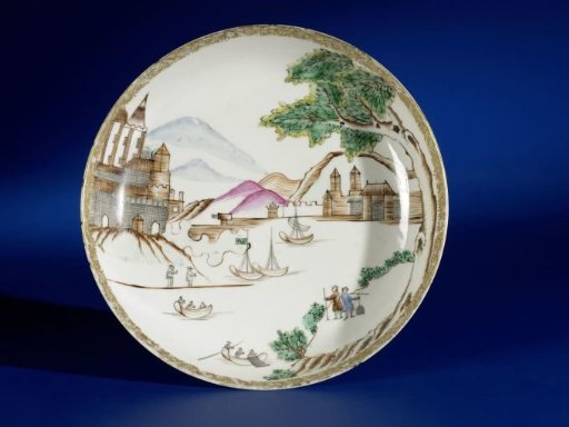 Saucer-dish with a water landscape and Europeans