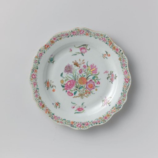 Plate with a flower bouquet, scattered flowers and floral scrolls