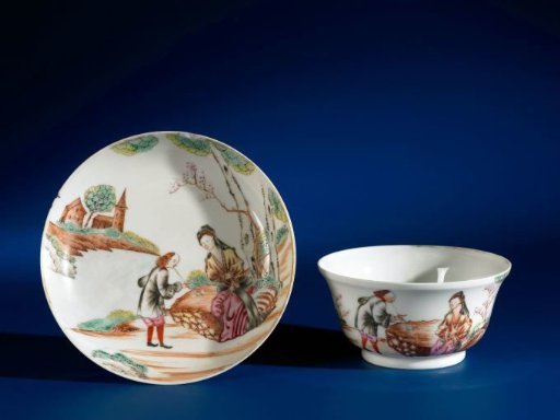 Saucer with a seated woman and a man smoking a pipe