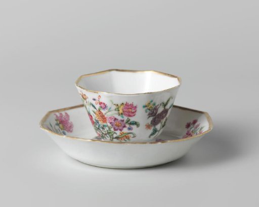 Octagonal cup and saucer with flower sprays